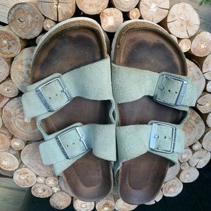 Birkenstock light blue suede slippers